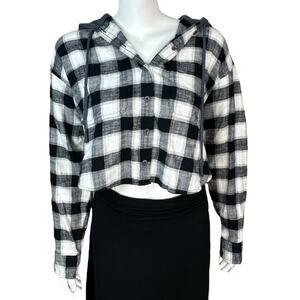 American Eagle Plaid Flannel Shirt Top Hoodie Womens Size Small Cropped